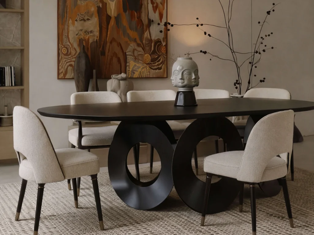 Avant-garde black oval dining table with contemporary upholstered chairs.