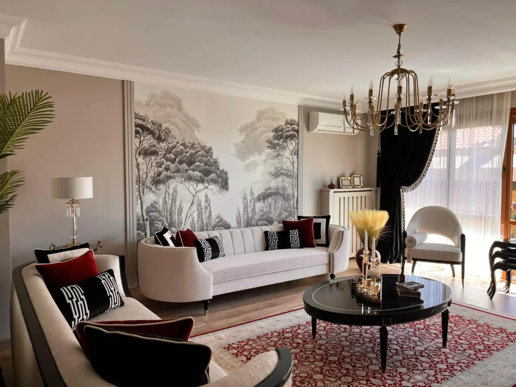Open-concept apartment living area with modern neutral-colored seating.