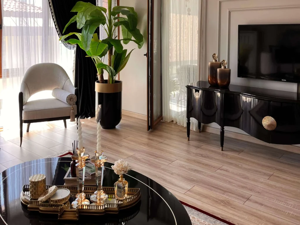 Neo-classical living room corner decorated with a black console table and indoor plants.