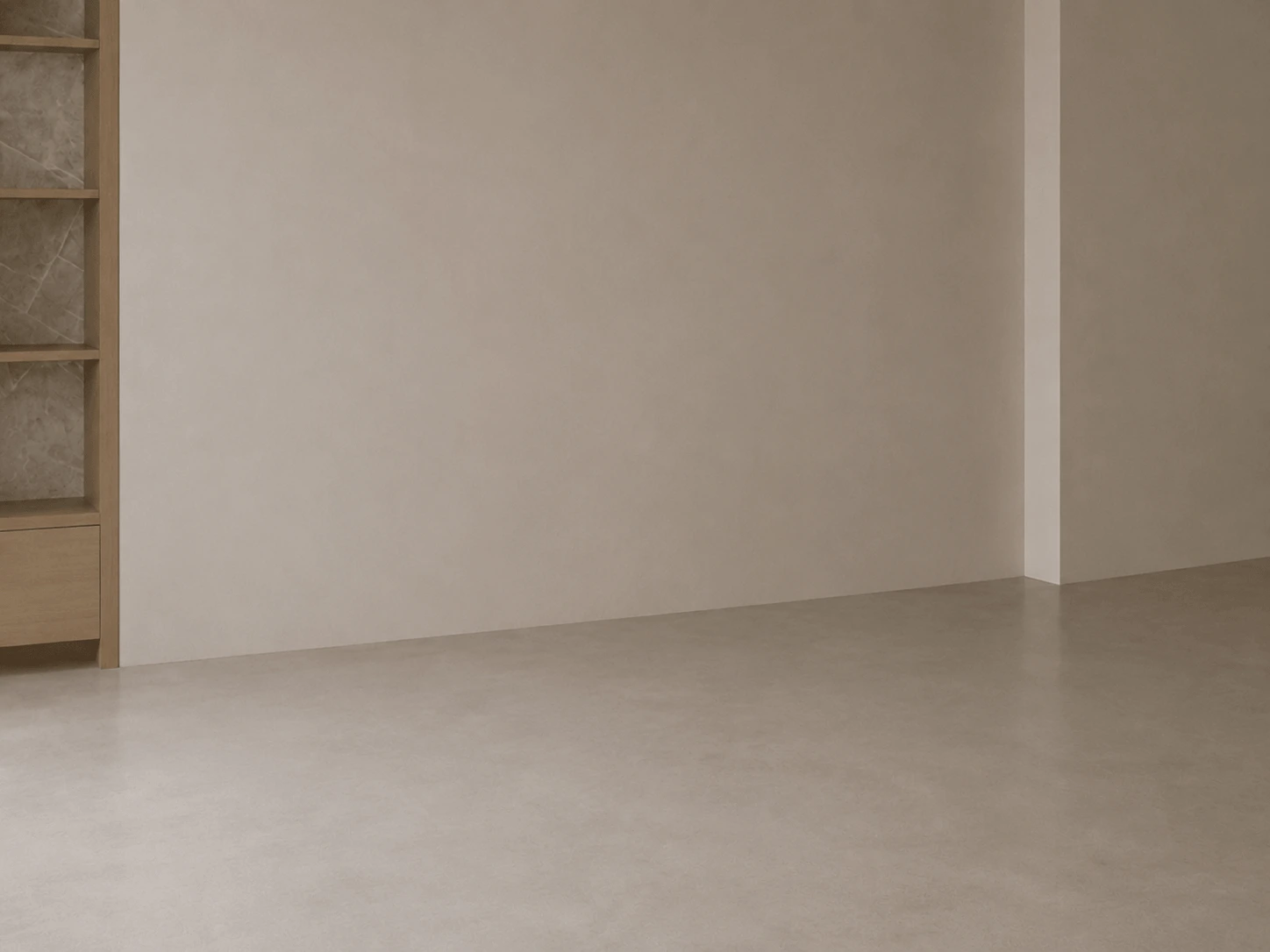 modern-minimalist-interior-wall-with-microcement-flooring Empty room with concrete flooring before interior renovation.